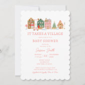 かわいいピンク村のクリスマスベビーシャワー 招待状 (正面)