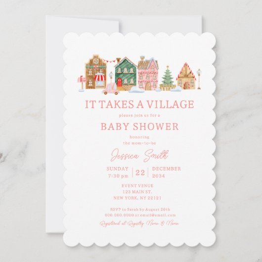 かわいいピンク村のクリスマスベビーシャワー 招待状 (正面)