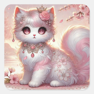 かわいいピンク桜さくらんぼブロッサムプリンセス猫 スクエアシール