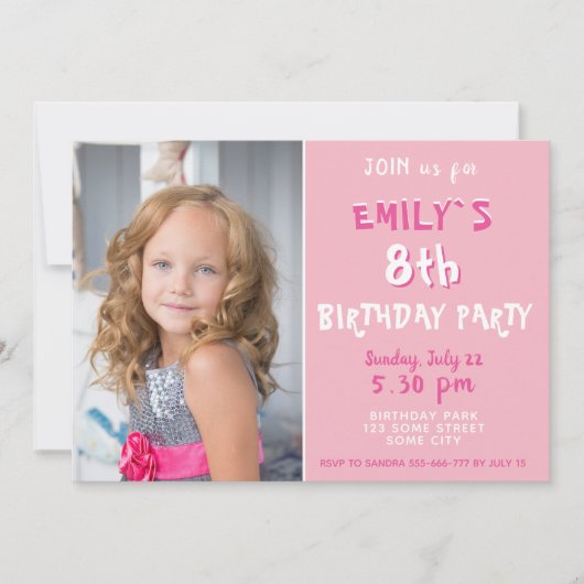 かわいいピンク水玉模様ガールフォト誕生日 招待状 (正面)