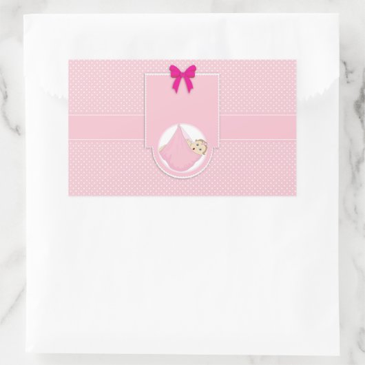 かわいいピンク水玉模様ガールベビーシャワー招待状 長方形シール (バッグ)