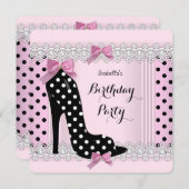 かわいいピンク水玉模様ハイヒール誕生日パーティー 招待状 (正面/裏面)