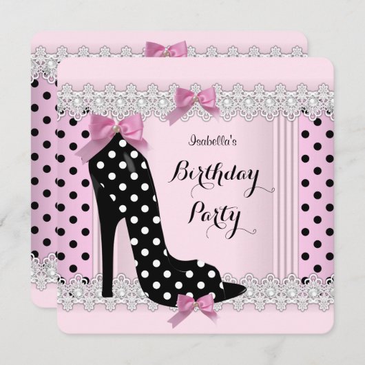 かわいいピンク水玉模様ハイヒール誕生日パーティー 招待状 (正面/裏面)
