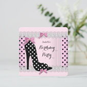 かわいいピンク水玉模様ハイヒール誕生日パーティー 招待状 (スタンド正面)