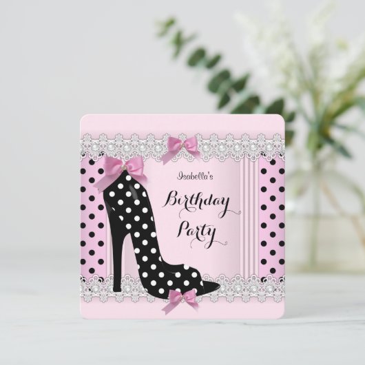 かわいいピンク水玉模様ハイヒール誕生日パーティー 招待状 (スタンド正面)