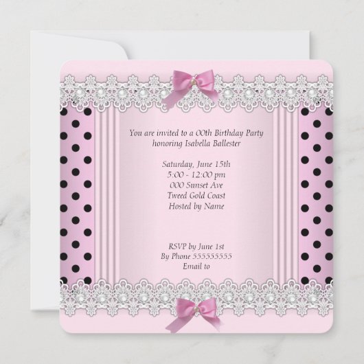 かわいいピンク水玉模様ハイヒール誕生日パーティー 招待状 (裏面)