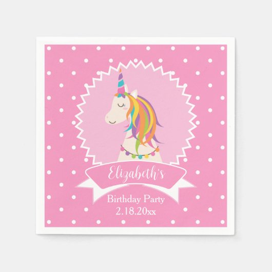 かわいいピンク水玉模様マジカルユニコーンガール誕生日 スタンダードカクテルナプキン (正面)