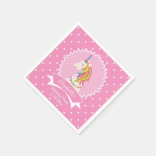 かわいいピンク水玉模様マジカルユニコーンガール誕生日 スタンダードカクテルナプキン (角)