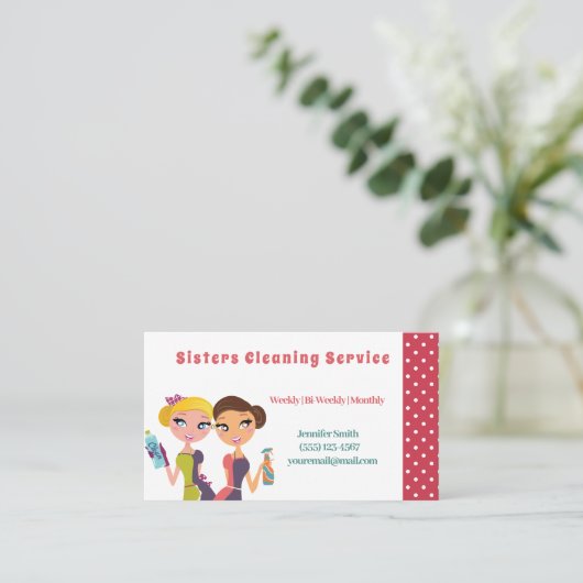 かわいいピンク水玉模様メイドハウスクリーニングサービス 名刺 (スタンド正面)