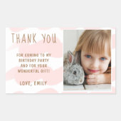 かわいいピンク波の水色ガール写真ありがとう 長方形シール (正面)