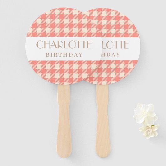 かわいいピンク淡い色ののギンガムプレイドのチェックパーティー ハンドファン (正面&裏面)