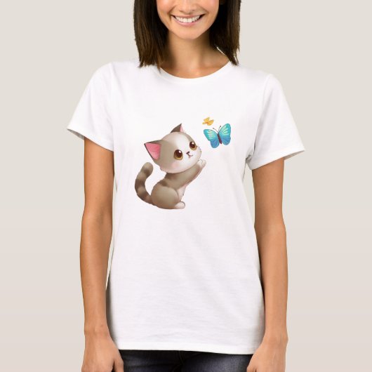 かわいいピンク灰色の茶色の猫の青い蝶ブラックスター Tシャツ (正面)