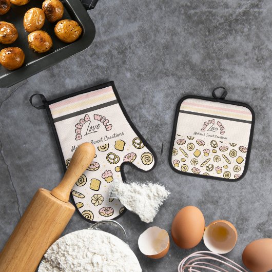 かわいいピンク焼いたの黄色と愛 鍋つかみ&鍋敷きセット