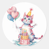 かわいいピンク猫お誕生日ケーキ-誕生日 ラウンドシール (正面)