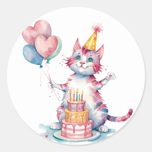 かわいいピンク猫お誕生日ケーキ-誕生日 ラウンドシール (正面)