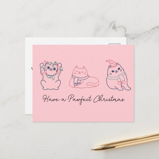 かわいいピンク猫のクリスマス ポストカード (正面/裏面インサイチュ)