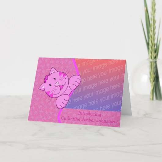 かわいいピンク猫の誕生のお知らせ写真 案内状 (正面)