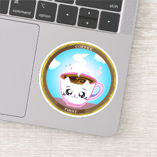 かわいいピンク猫カップのコーヒー。最初にコーヒー シール