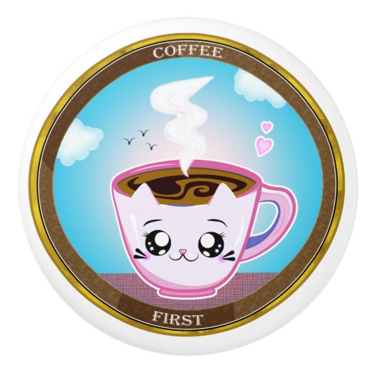かわいいピンク猫カップのコーヒー。最初にコーヒー セラミックノブ (正面)