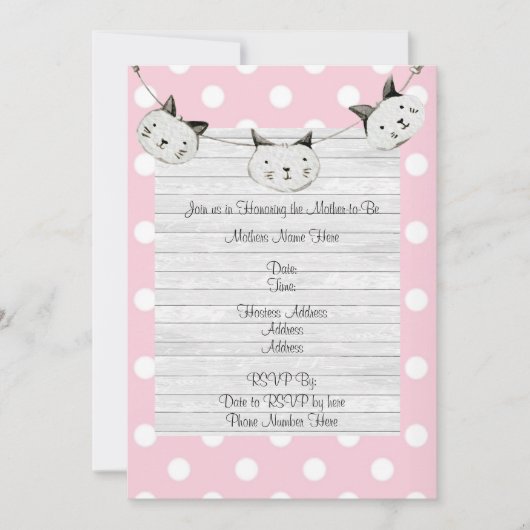 かわいいピンク猫ガール水玉模様素朴ベビーシャワー 招待状 (正面)