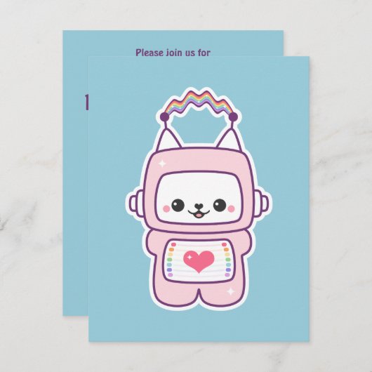 かわいいピンク猫ロボットバースデーパーティ招待状 招待状 (正面/裏面)