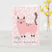 かわいいピンク猫子供の誕生日 カード (黄色い花)