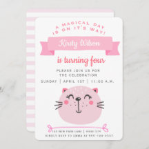 かわいいピンク猫&ピンクストライプ子供の誕生日-