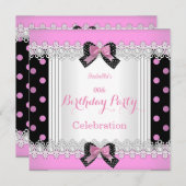 かわいいピンク白黒水玉模様誕生日パーティー 招待状 (正面/裏面)