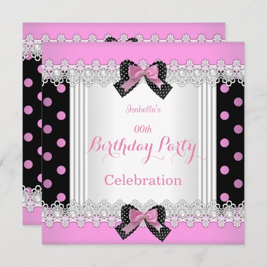 かわいいピンク白黒水玉模様誕生日パーティー 招待状 (正面/裏面)