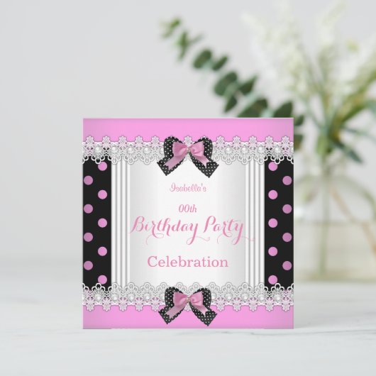 かわいいピンク白黒水玉模様誕生日パーティー 招待状 (スタンド正面)