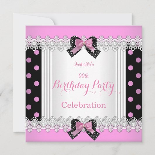 かわいいピンク白黒水玉模様誕生日パーティー 招待状 (正面)