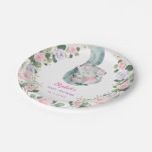 かわいいピンク紫のフローラゾウ女の子ベビーシャワー ペーパープレート (アングル)