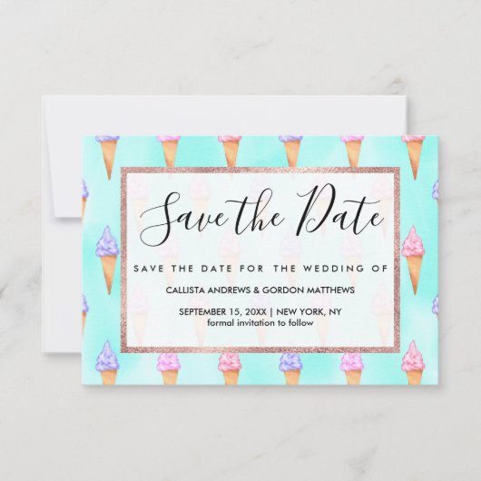 かわいいピンク紫の夏のアイスクリームコーン水色 セーブザデート (正面)
