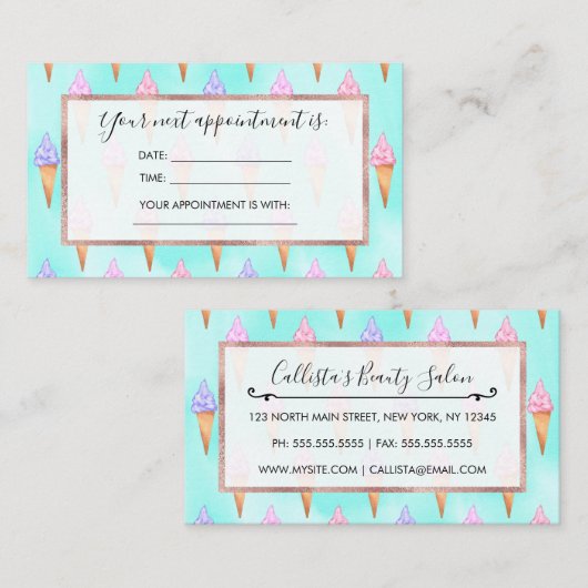 かわいいピンク紫の夏のアイスクリームコーン水色 予約カード (正面/裏面)