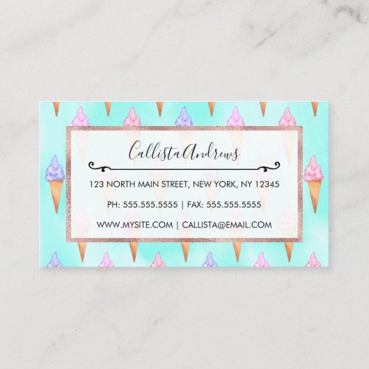 かわいいピンク紫の夏のアイスクリームコーン水色 名刺 (裏面)