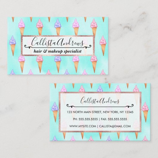 かわいいピンク紫の夏のアイスクリームコーン水色 名刺 (正面/裏面)