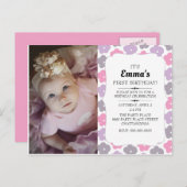 かわいいピンク紫の花小さな女の子1st誕生日 ポストカード (正面/裏面)