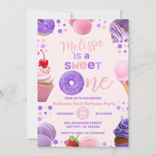 かわいいピンク紫スウィートワンガールの誕生日 招待状 (正面)