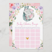 かわいいピンク紫色の象ビンゴベビシャワーゲーム 招待状 (正面/裏面)