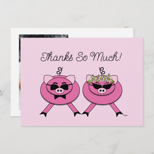 かわいいピンク結婚の豚のカップル |バックフォト サンキューカード (正面/裏面)