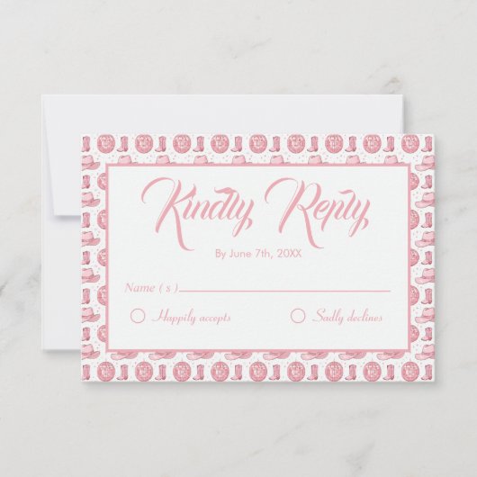 かわいいピンク結婚ウェスタン 出欠カード (正面)