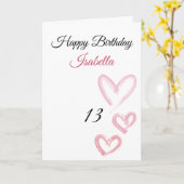 かわいいピンク絵を描3ストロークハート13誕生日 カード (黄色い花)