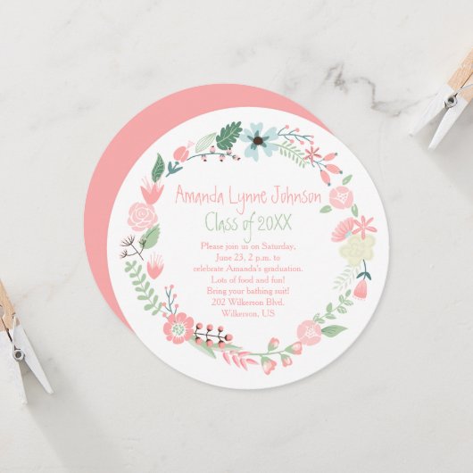 かわいいピンク緑の花リース卒業招待状 招待状 (正面/裏面インサイチュ)