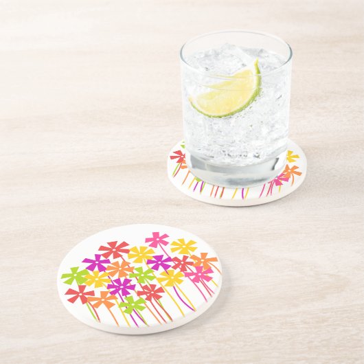 かわいいピンク色のオレンジ色の花シンプルのスケッチ コースター (側面)