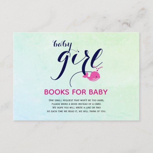 かわいいピンク色のクジラ海の本を赤ちゃんシャワー用 エンクロージャーカード (正面)