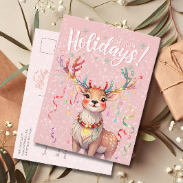 かわいいピンク色のトナカイとクリスマスライト ポストカード
