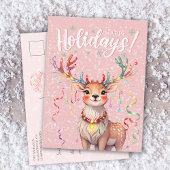 かわいいピンク色のトナカイとクリスマスライト ポストカード