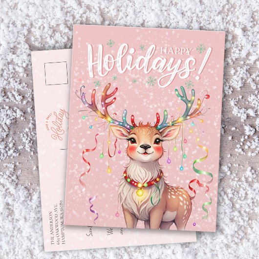 かわいいピンク色のトナカイとクリスマスライト ポストカード