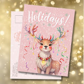 かわいいピンク色のトナカイとクリスマスライト ポストカード