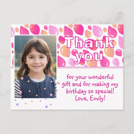 かわいいピンク色のバルーンガーリー写真誕生日ありがとう ポストカード (正面)